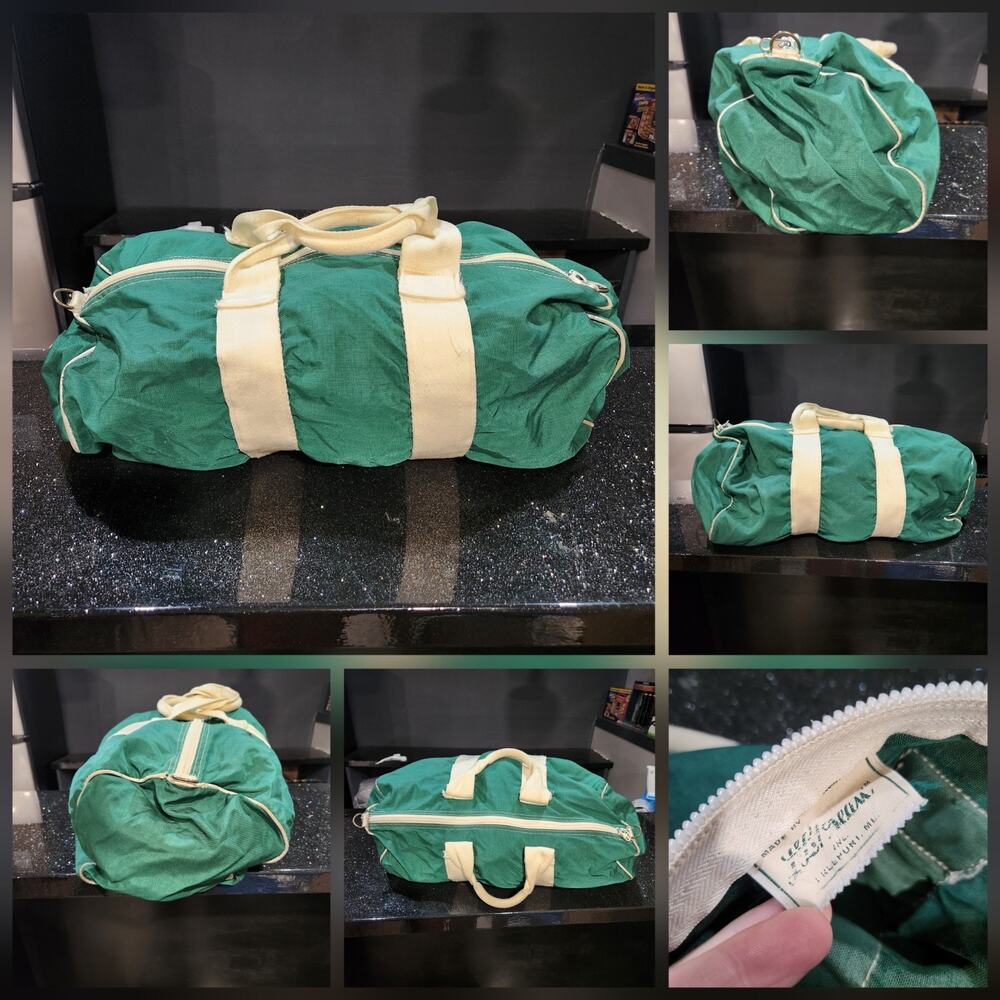 VTG 60s? LL Bean Script Sawtooth Green Duffle Gym Bag Full Zip 1960s USA Made